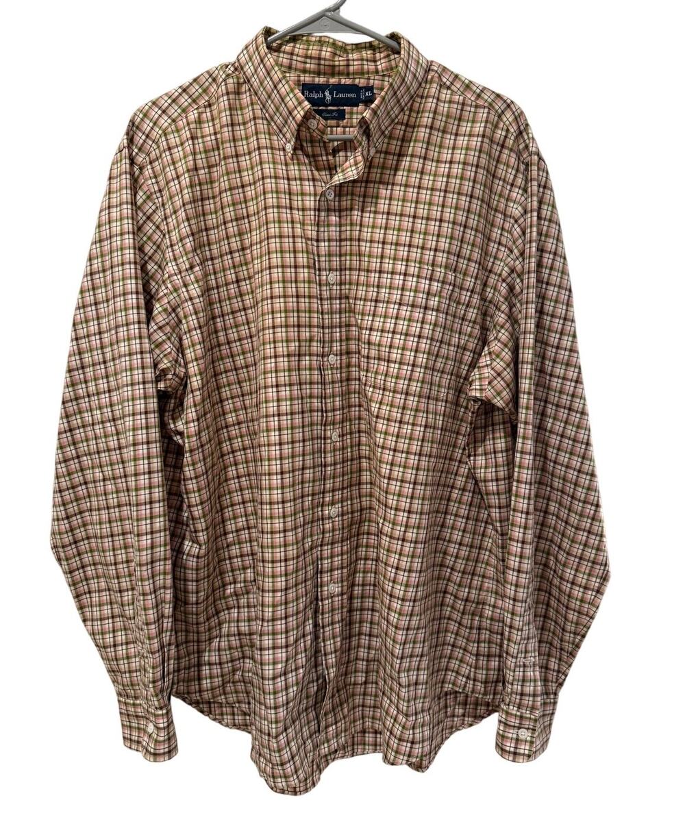 Ralph Lauren Tan Classic Fit Plaid Button Down Flannel Size XL Business Casual